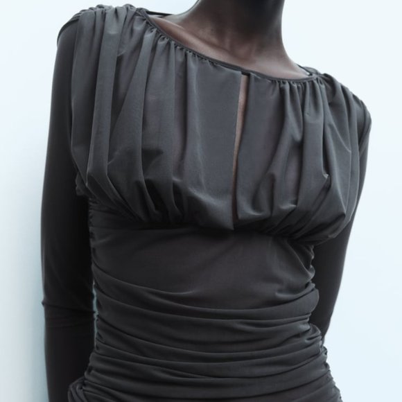 NWT DARK BLUE GRAY DRAPED SLIT TULLE TOP - Picture 3 of 9